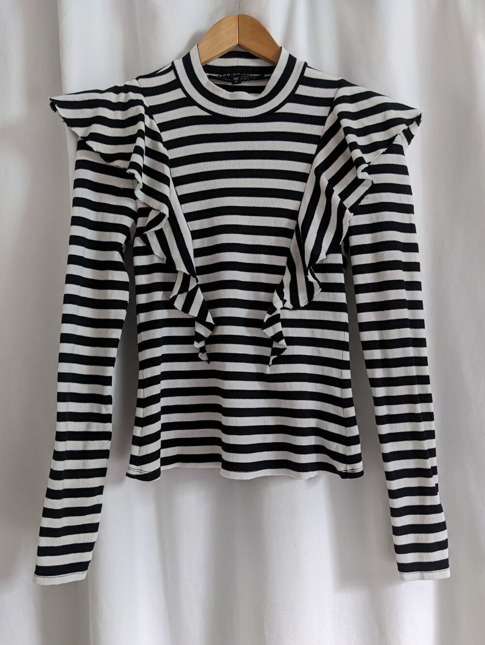 Veronica Beard Jeans 'Dawson' Stripled Ruffle Ribbed Long Sleeve Shirt Small